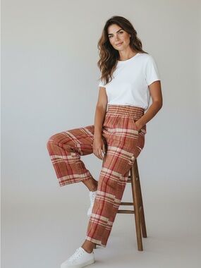Free People Plaid Wide-Leg Pants in Red & Tan